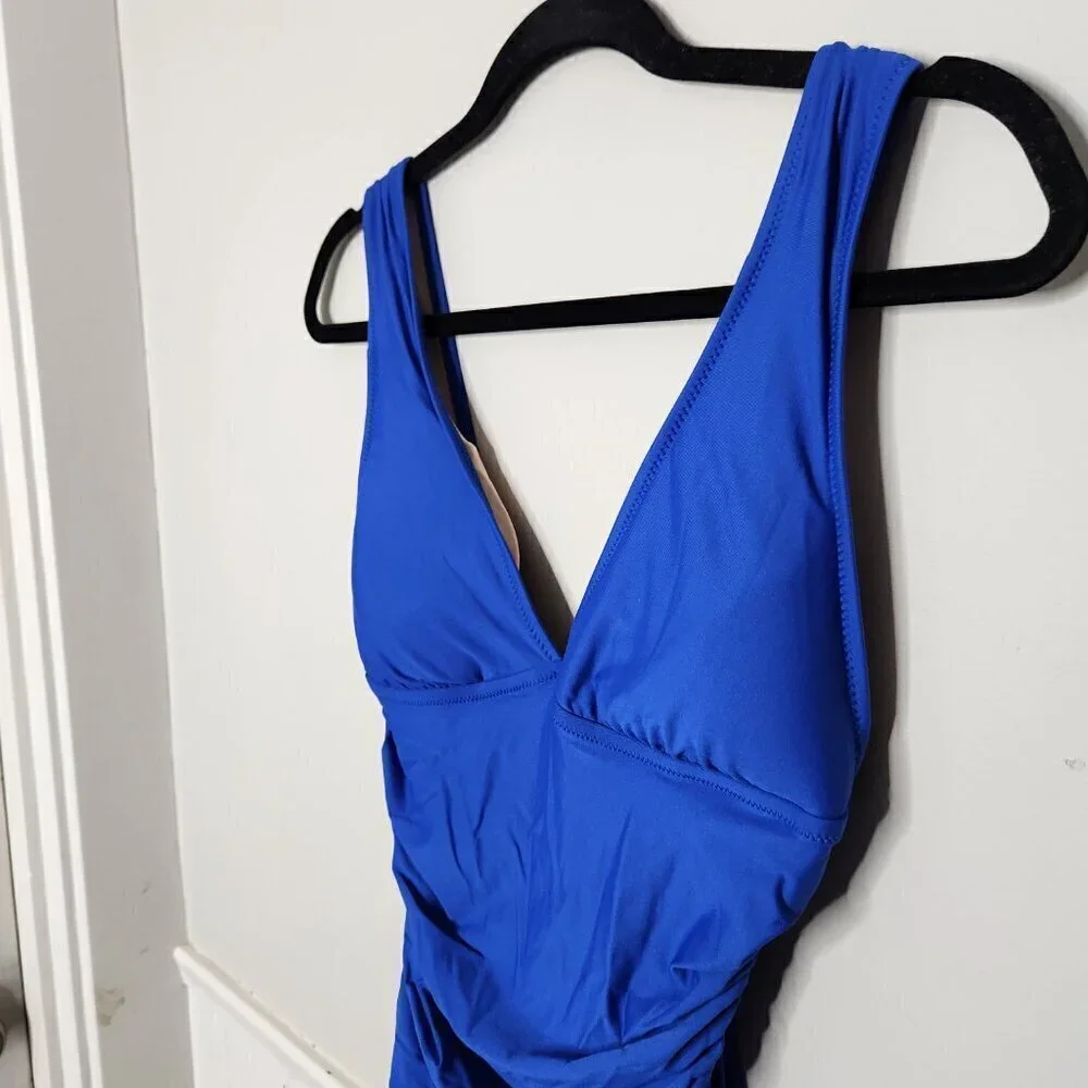 J. CREW Solid Blue Ruched V Neck One Piece Bathin Suit